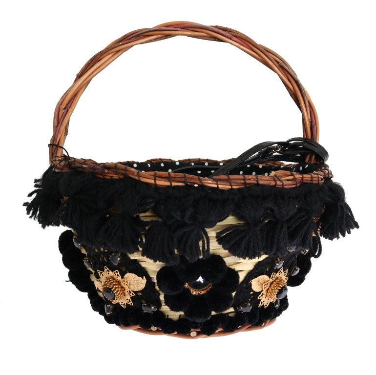 Chic Beige &amp; Black Straw Snakeskin Bucket Bag
