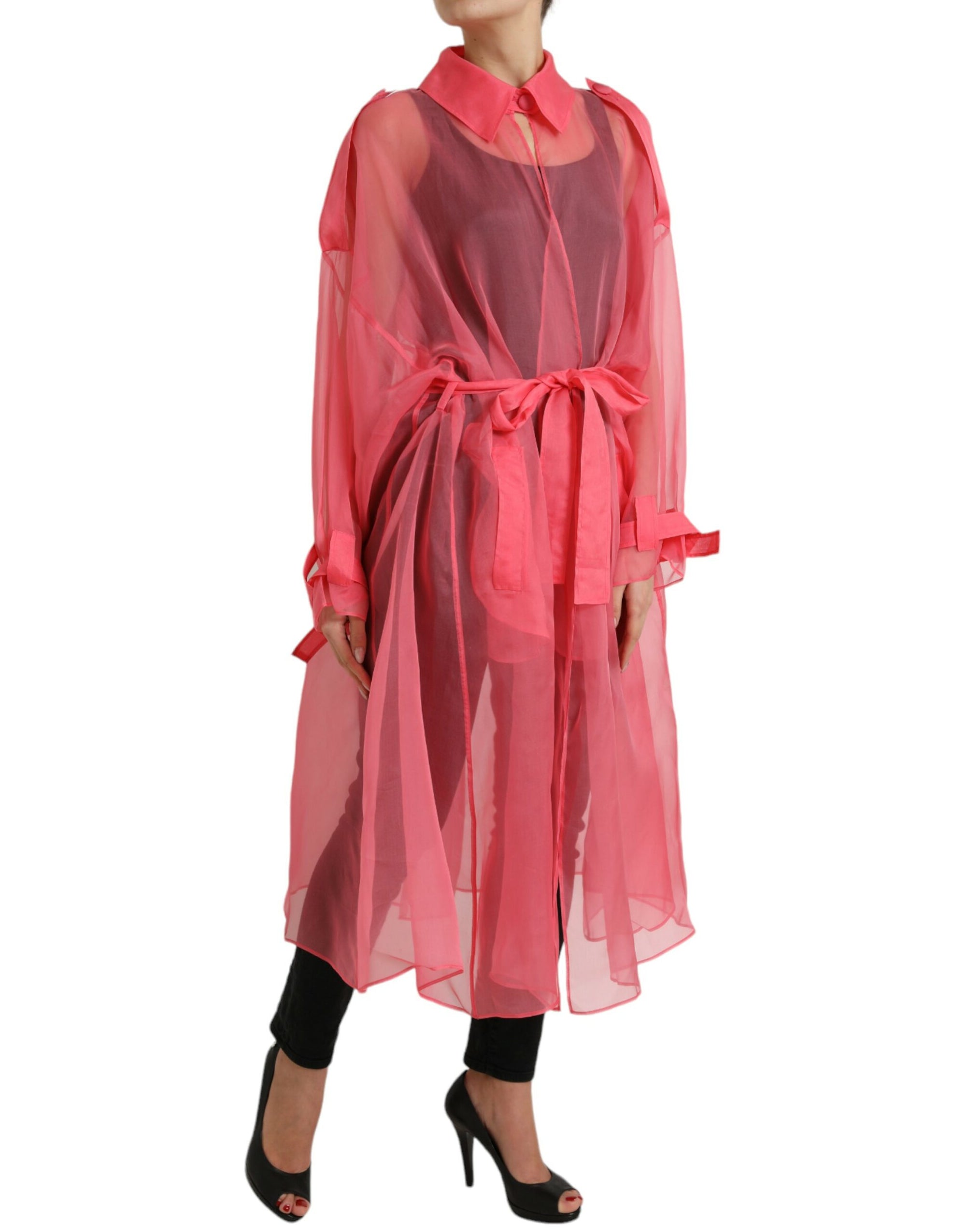 Elegant Pink Silk Long Coat Jacket