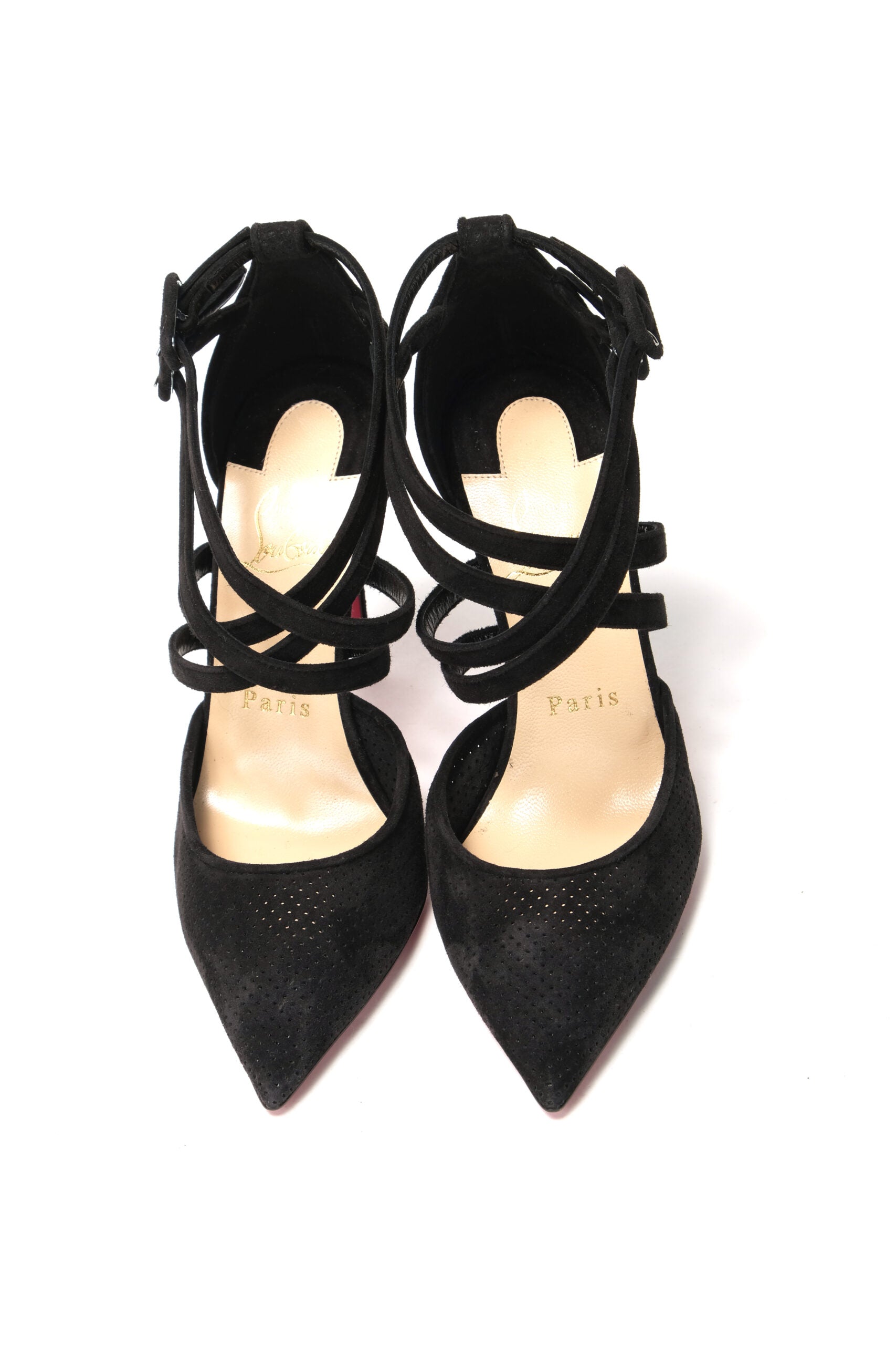 Black Velour Perforated Strappy High Heel Sandal