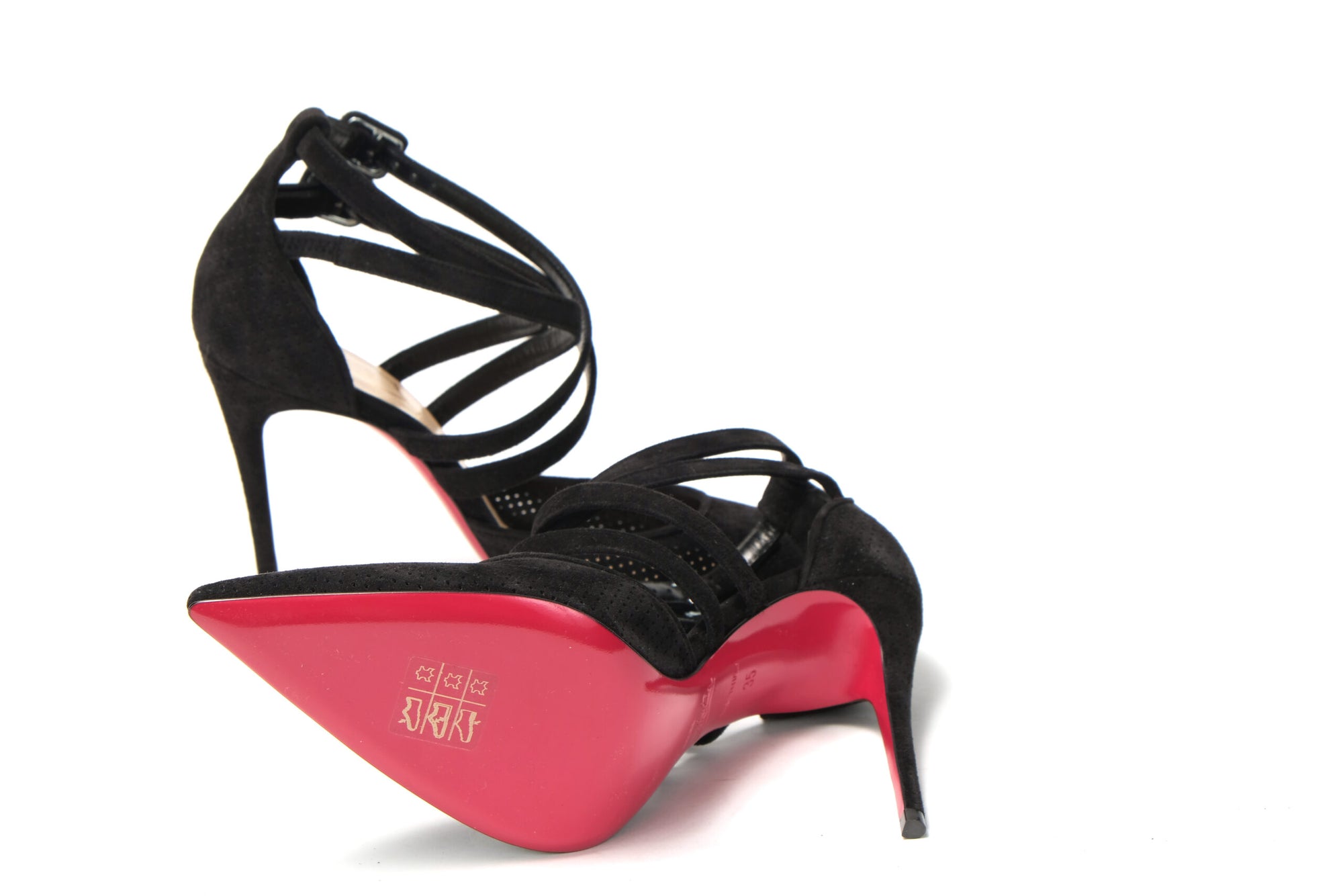Black Velour Perforated Strappy High Heel Sandal