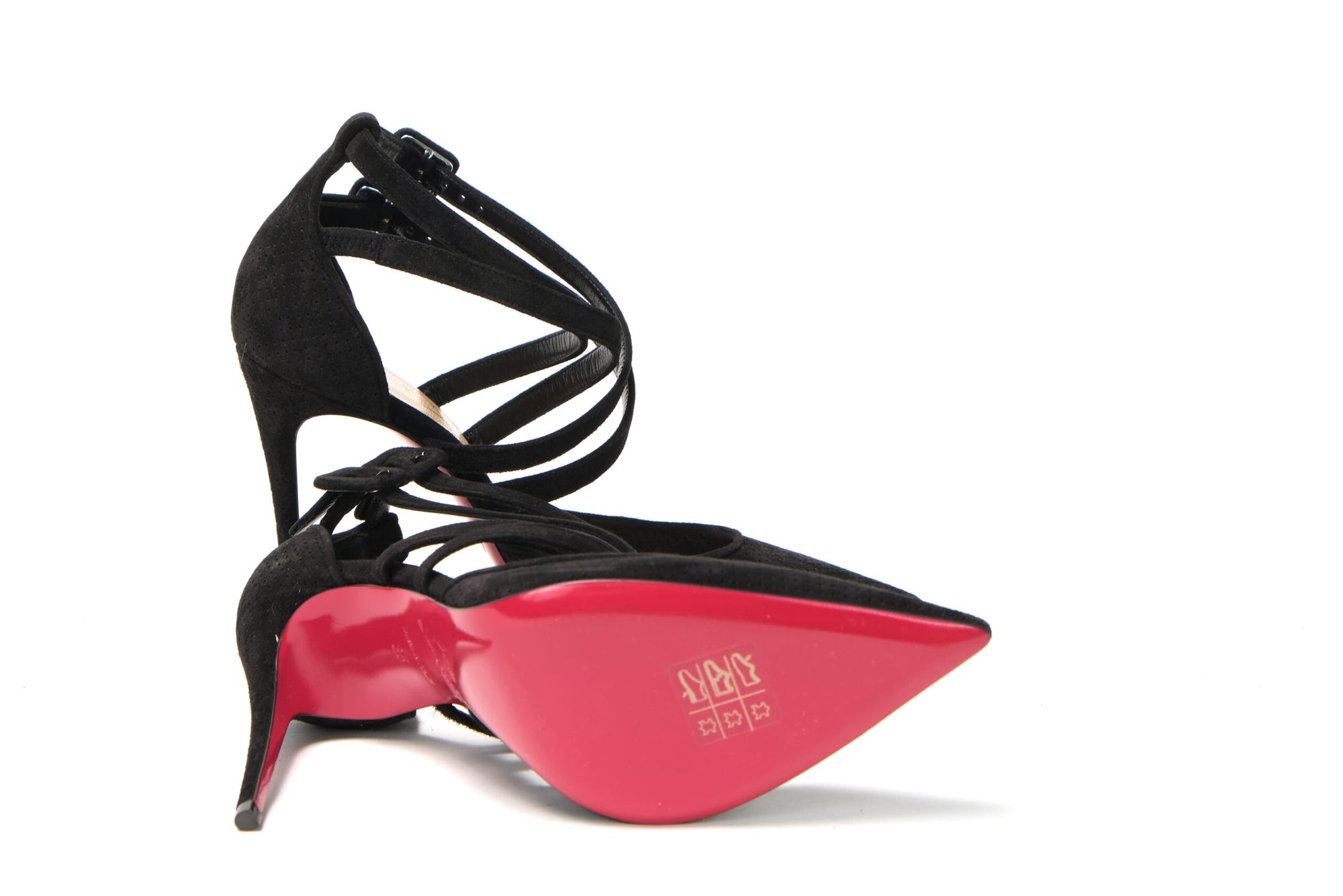 Black Velour Perforated Strappy High Heel Sandal