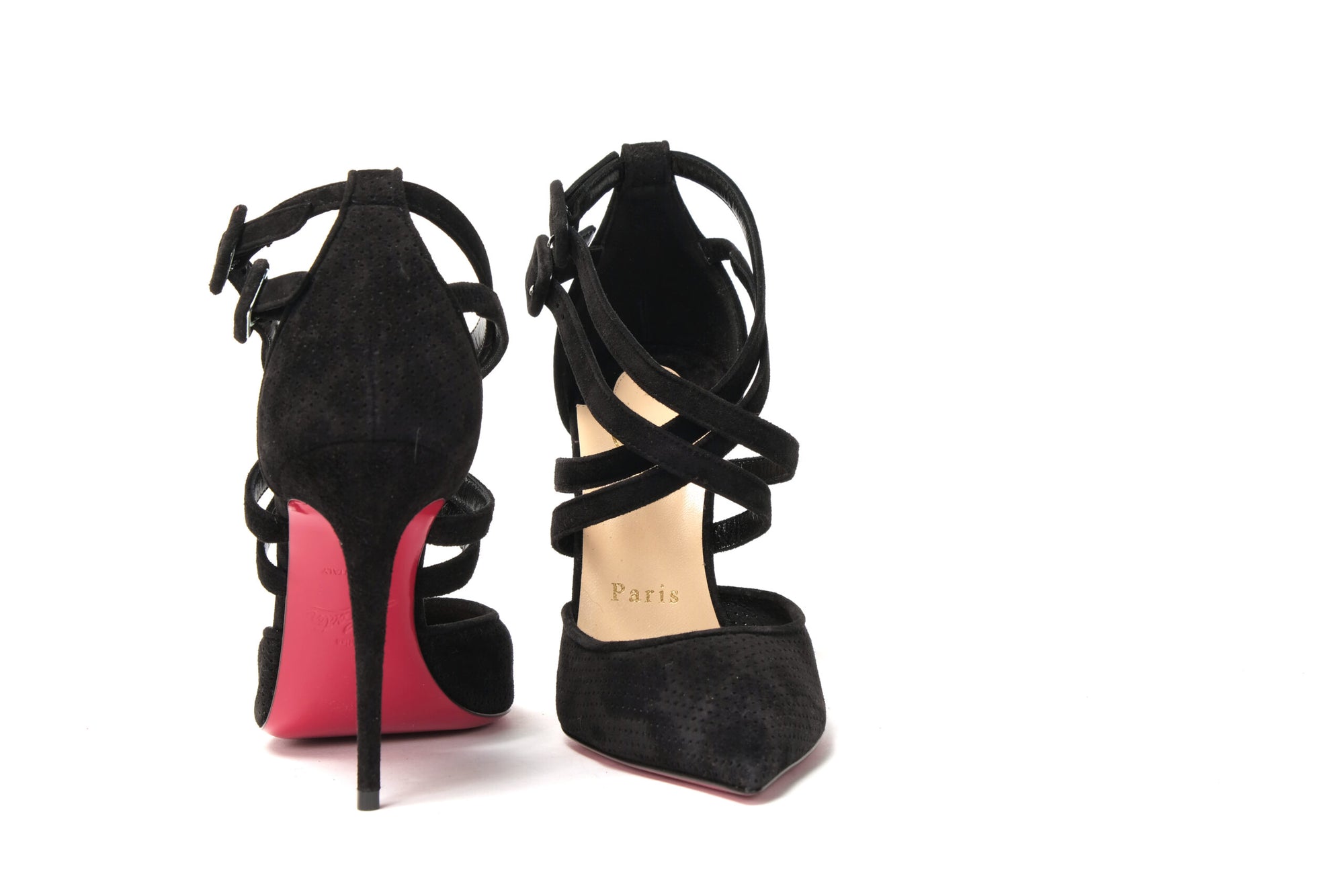 Black Velour Perforated Strappy High Heel Sandal