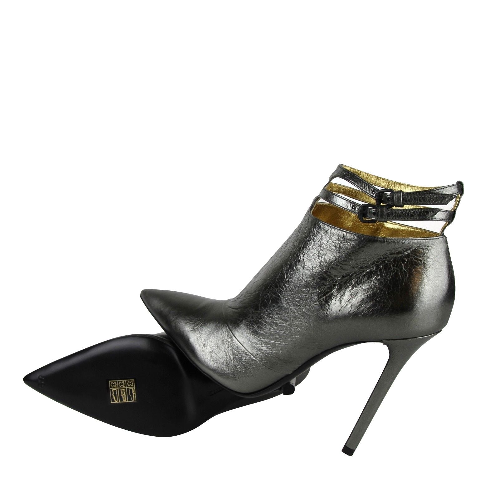 Women&#39;s Grey Ankle Metallic Leather Heels With Straps