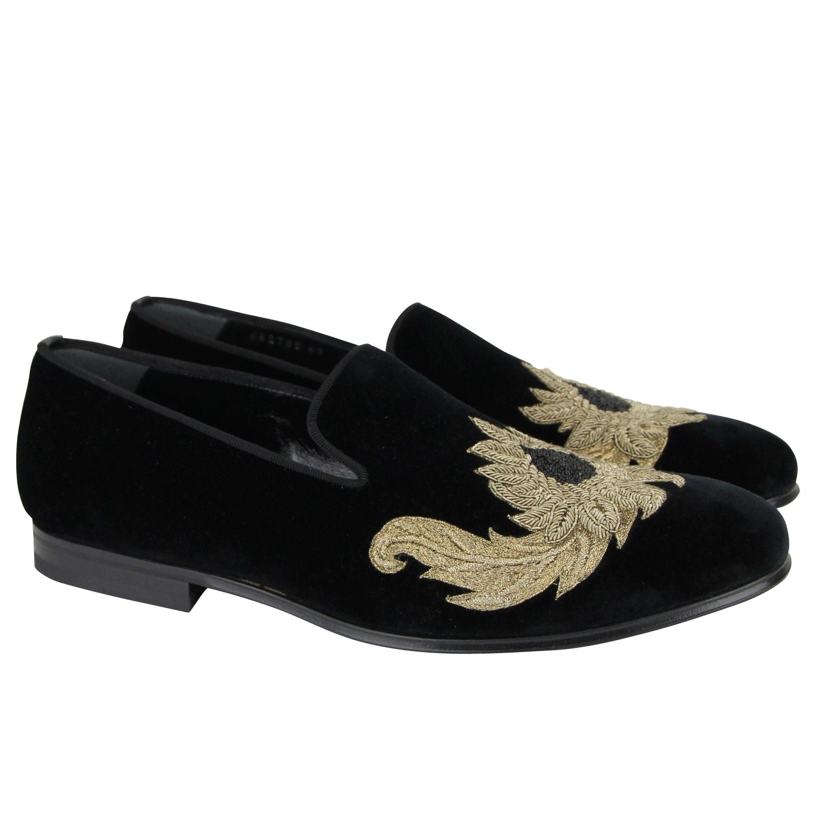 Alexander McQueen Men&#39;s Gold Embroidered Detail Black Velvet Slip On Shoes