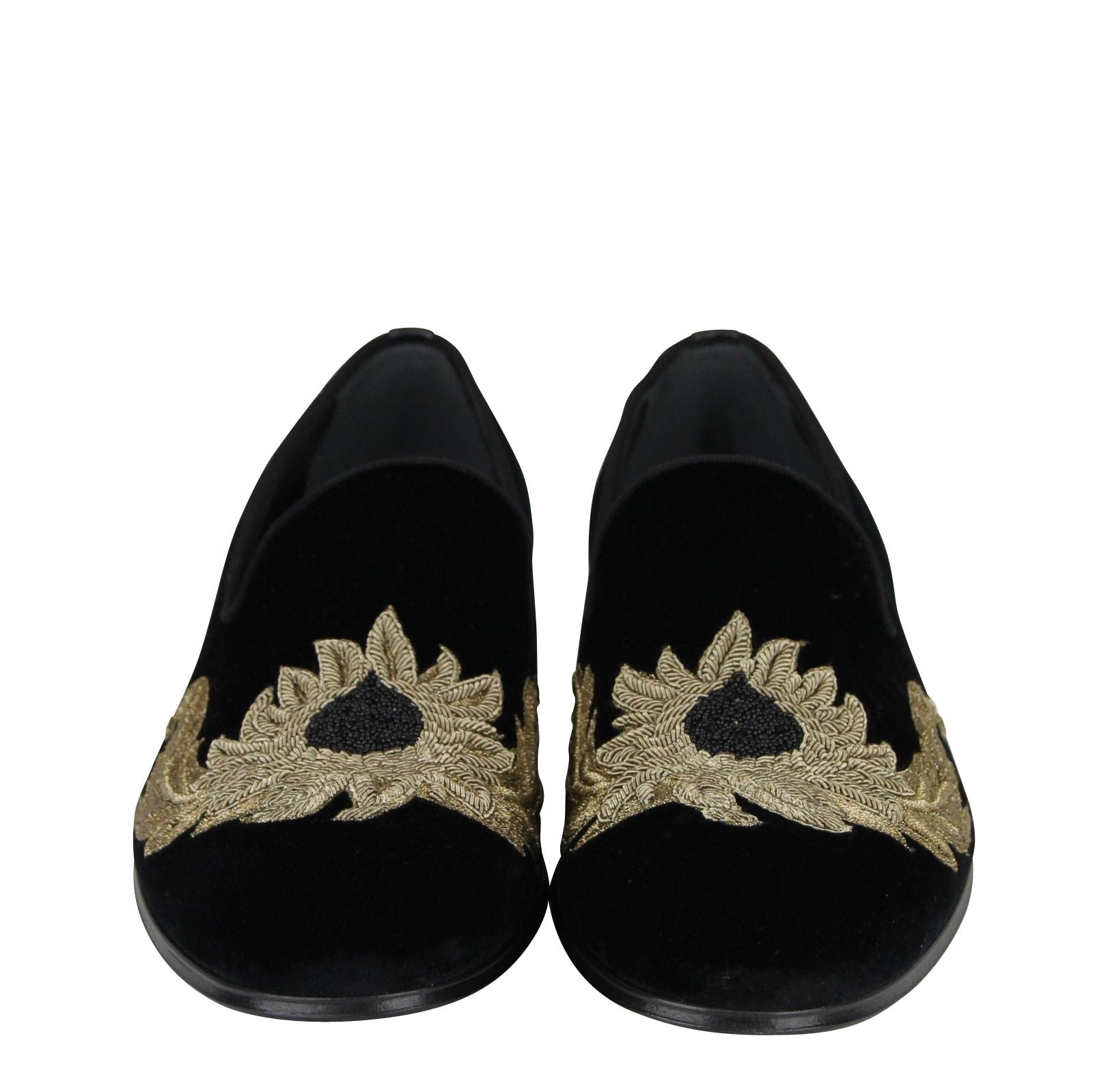 Alexander McQueen Men&#39;s Gold Embroidered Detail Black Velvet Slip On Shoes