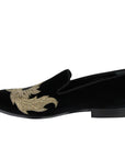 Alexander McQueen Men's Gold Embroidered Detail Black Velvet Slip On Shoes