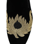 Alexander McQueen Men's Gold Embroidered Detail Black Velvet Slip On Shoes