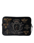 Elegant Black Leather Clutch with Bee Adornments