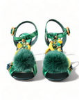 Green Crystal Mink Fur T-Strap Sandals