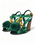 Green Crystal Mink Fur T-Strap Sandals