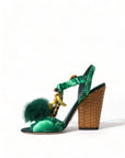 Green Crystal Mink Fur T-Strap Sandals