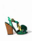 Green Crystal Mink Fur T-Strap Sandals