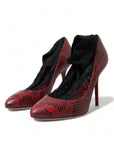 Red Almond Toe Snakeskin Pumps with Lace Socks