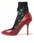 Red Almond Toe Snakeskin Pumps with Lace Socks