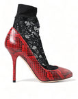 Red Almond Toe Snakeskin Pumps with Lace Socks