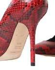 Red Almond Toe Snakeskin Pumps with Lace Socks