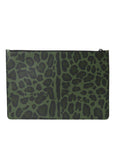 Elegant Green Leopard Print Calf Leather Clutch