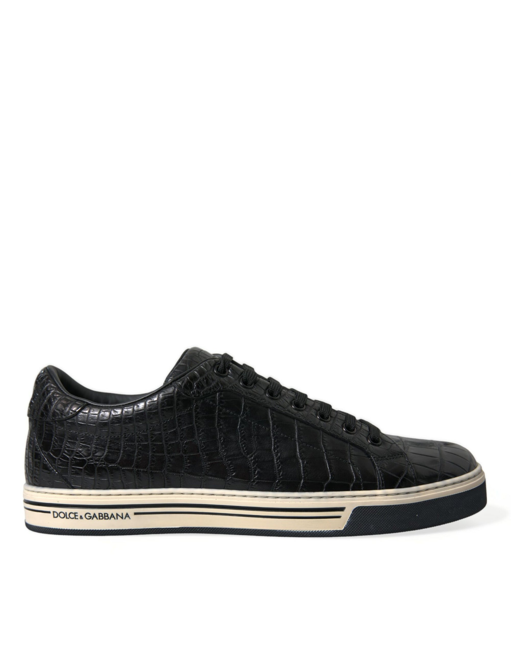 Elegant Black Crocodile Leather Low-Top Sneakers