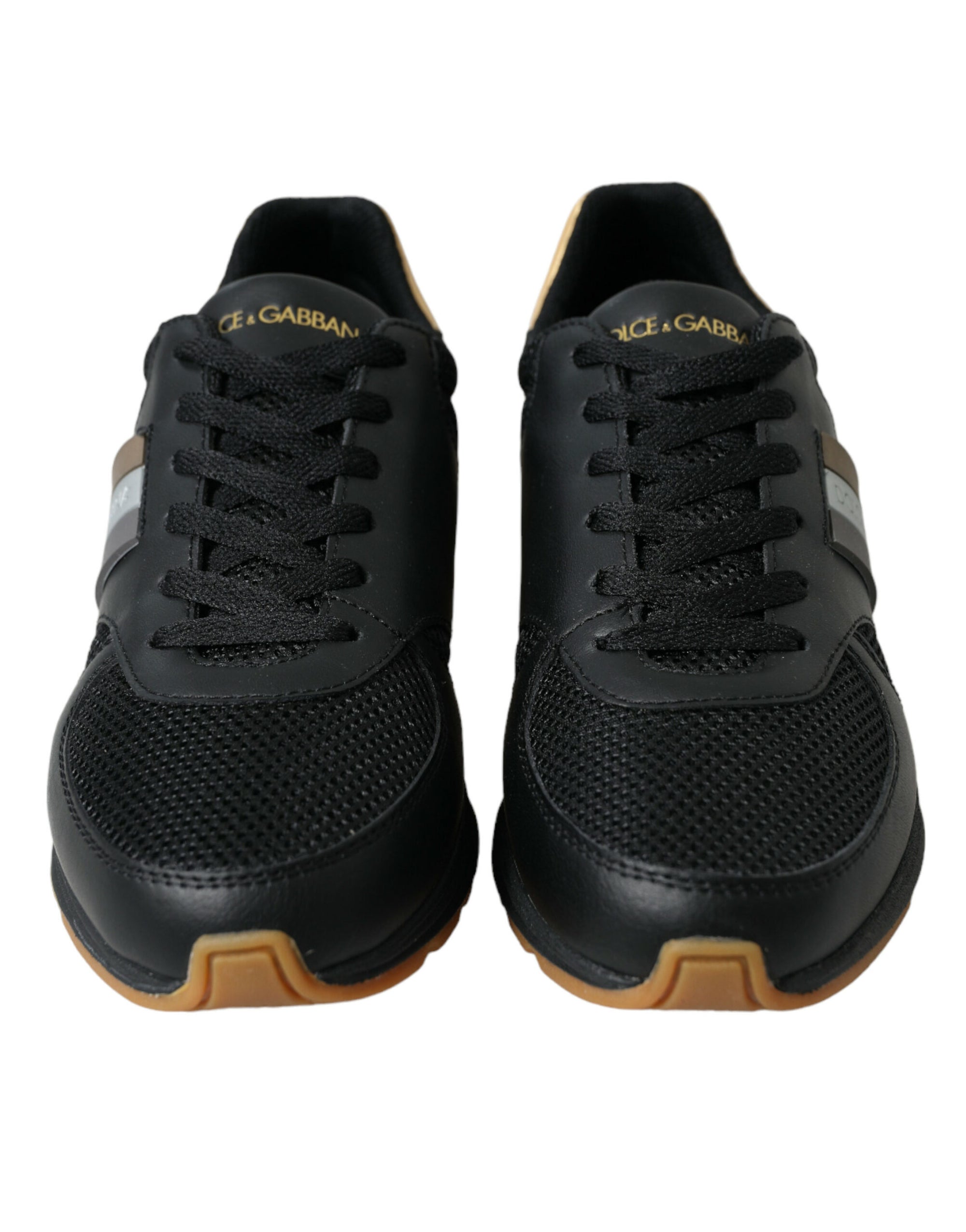 Elegant Low Top Leather Trainers - Black &amp; Gold