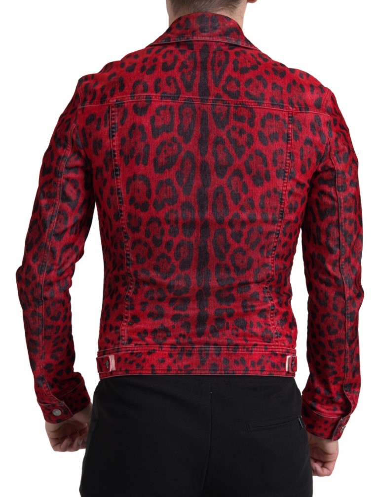 Vibrant Red Leopard Print Denim Jacket