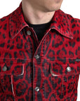 Vibrant Red Leopard Print Denim Jacket