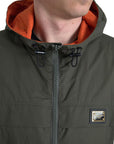 Elegant Hooded Full Zip Jacket in Green and Orange