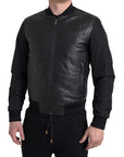 Sleek Black Leather Bomber Jacket