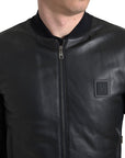 Sleek Black Leather Bomber Jacket