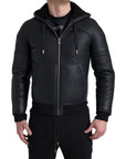 Elegant Black Leather Full Zip Hoodie