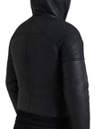 Elegant Black Leather Full Zip Hoodie