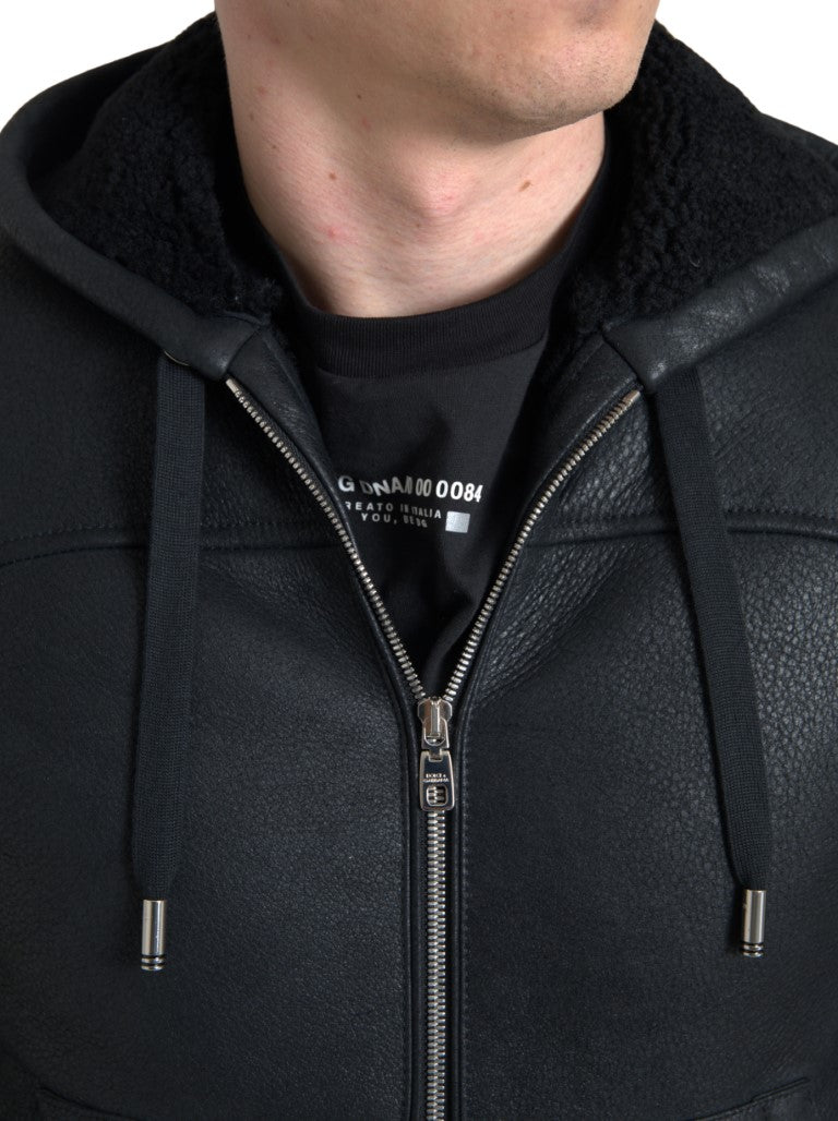 Elegant Black Leather Full Zip Hoodie