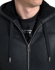 Elegant Black Leather Full Zip Hoodie