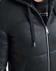 Elegant Black Leather Full Zip Hoodie