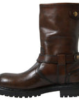 Elegant Brown Leather Mid-Calf Biker Boots