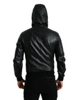 Elegant Black Leather Hooded Zip Jacket