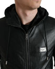 Elegant Black Leather Hooded Zip Jacket