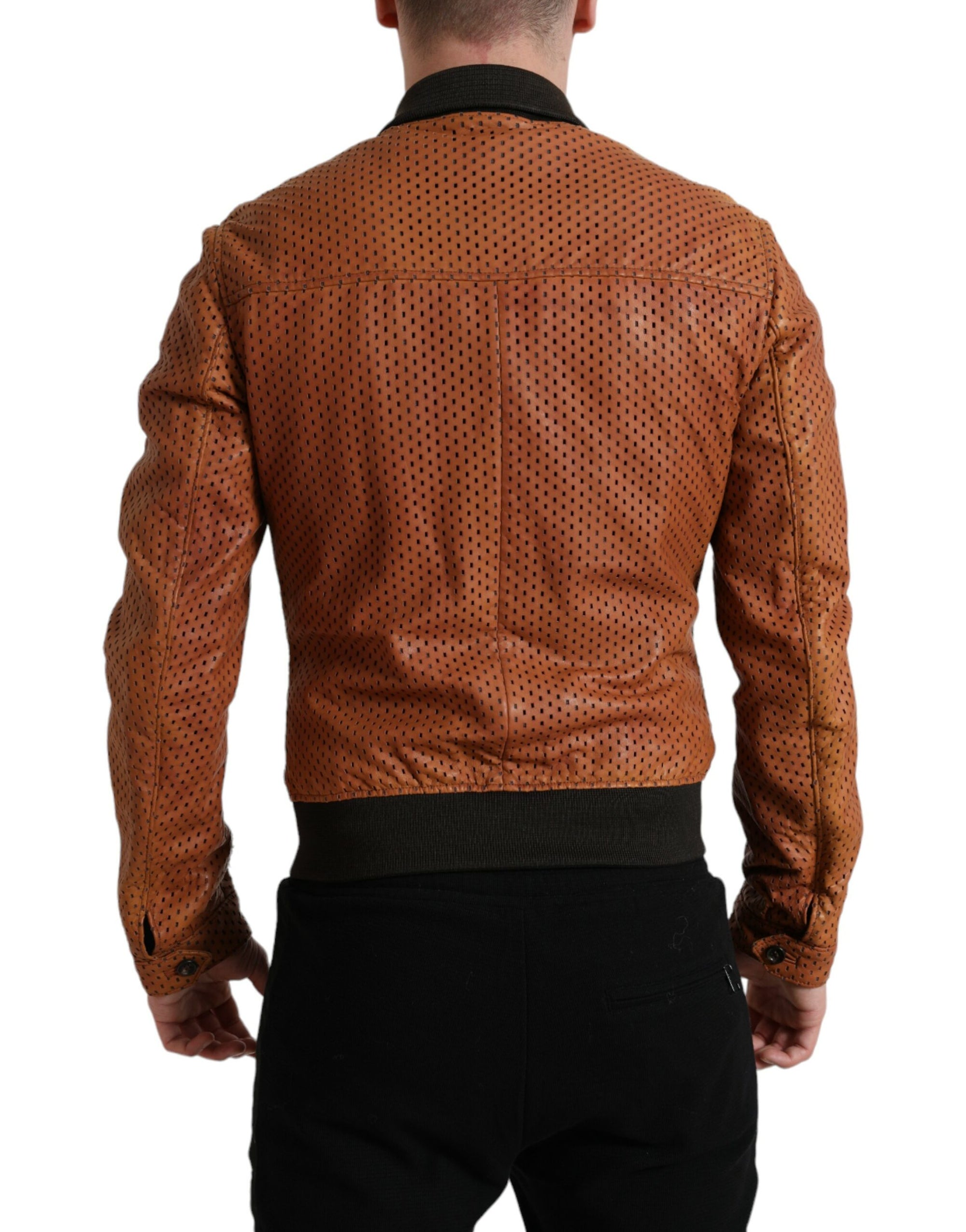 Elegant Leather Perforated Bomber Jacket
