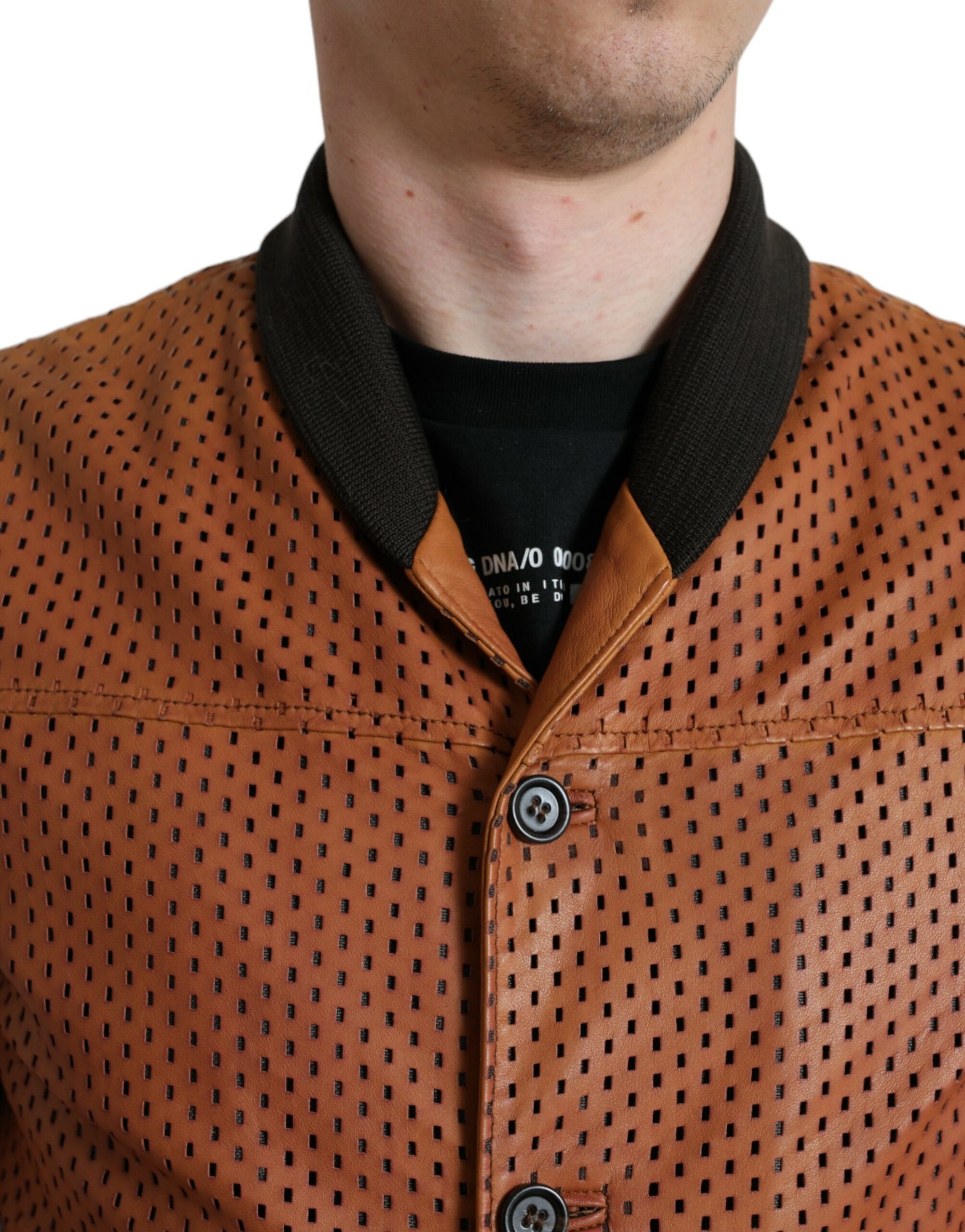 Elegant Leather Perforated Bomber Jacket