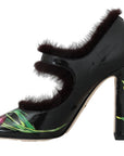 Black Purple Tulip Print Fur Mary Janes Pumps