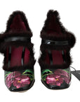 Black Purple Tulip Print Fur Mary Janes Pumps