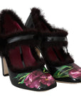 Black Purple Tulip Print Fur Mary Janes Pumps