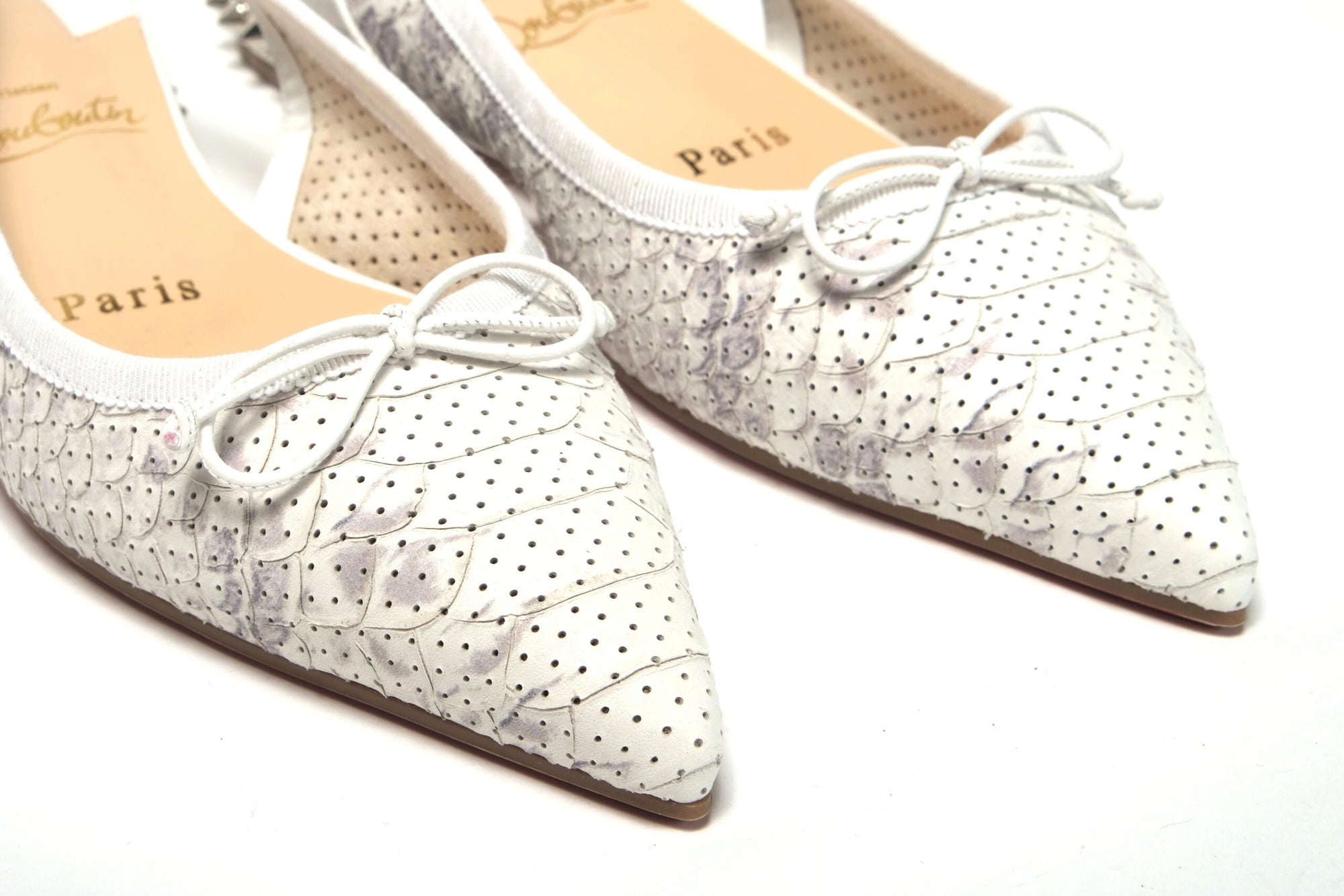 White Perforated Printed Flat Point Toe Shoe