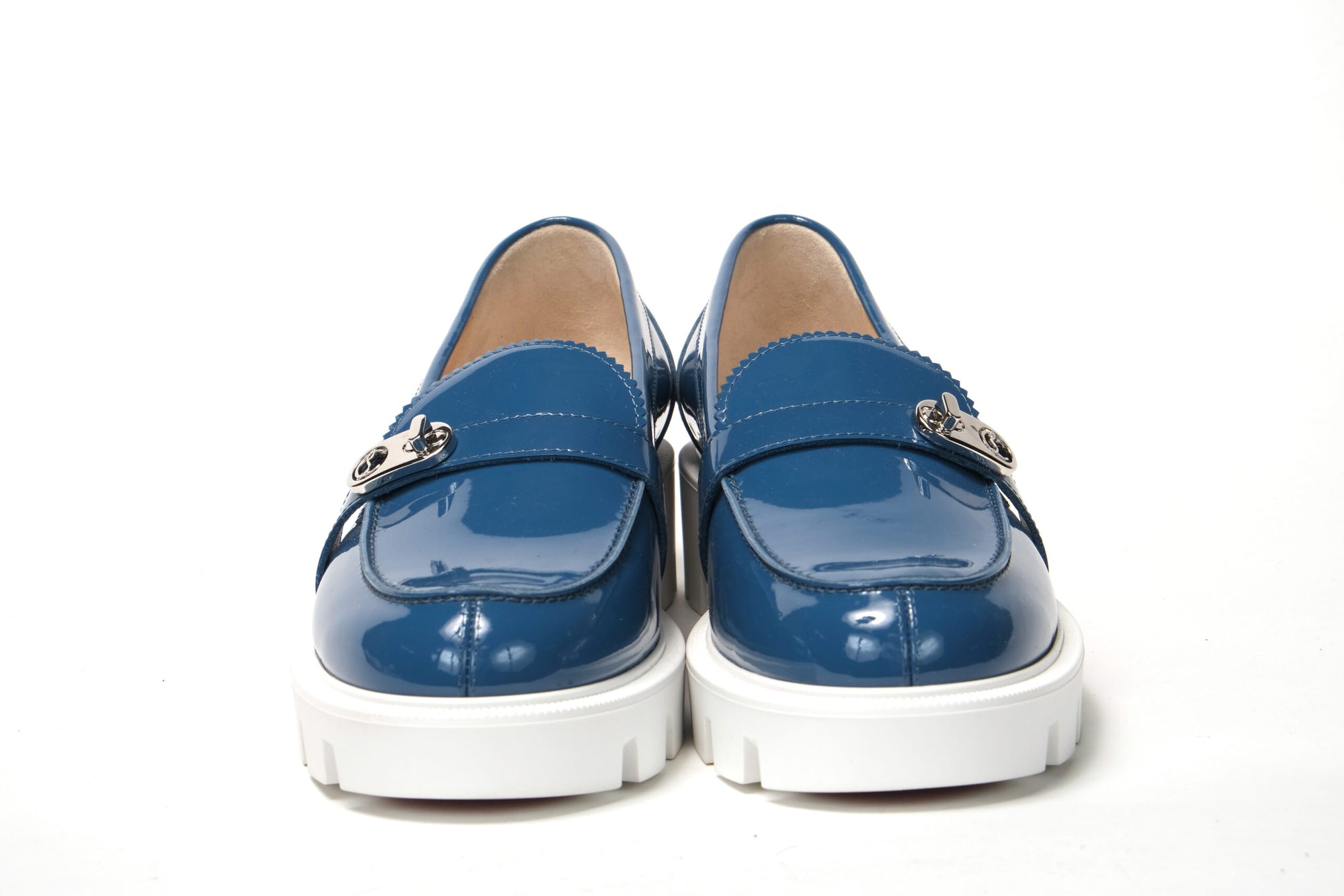 Blue And White Silver Logo Lock Boat Shoe