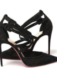 Black Velour Perforated Strappy High Heel Sandal 