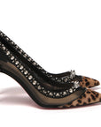 Brown Silver Leopard  Nappa And Mesh Studded High Heels Pumps