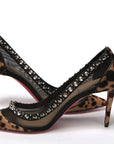 Brown Silver Leopard  Nappa And Mesh Studded High Heels Pumps