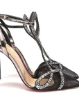 Black Crystal And Leather Strappy High Heel Sandal