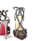 Black Crystal And Leather Strappy High Heel Sandal