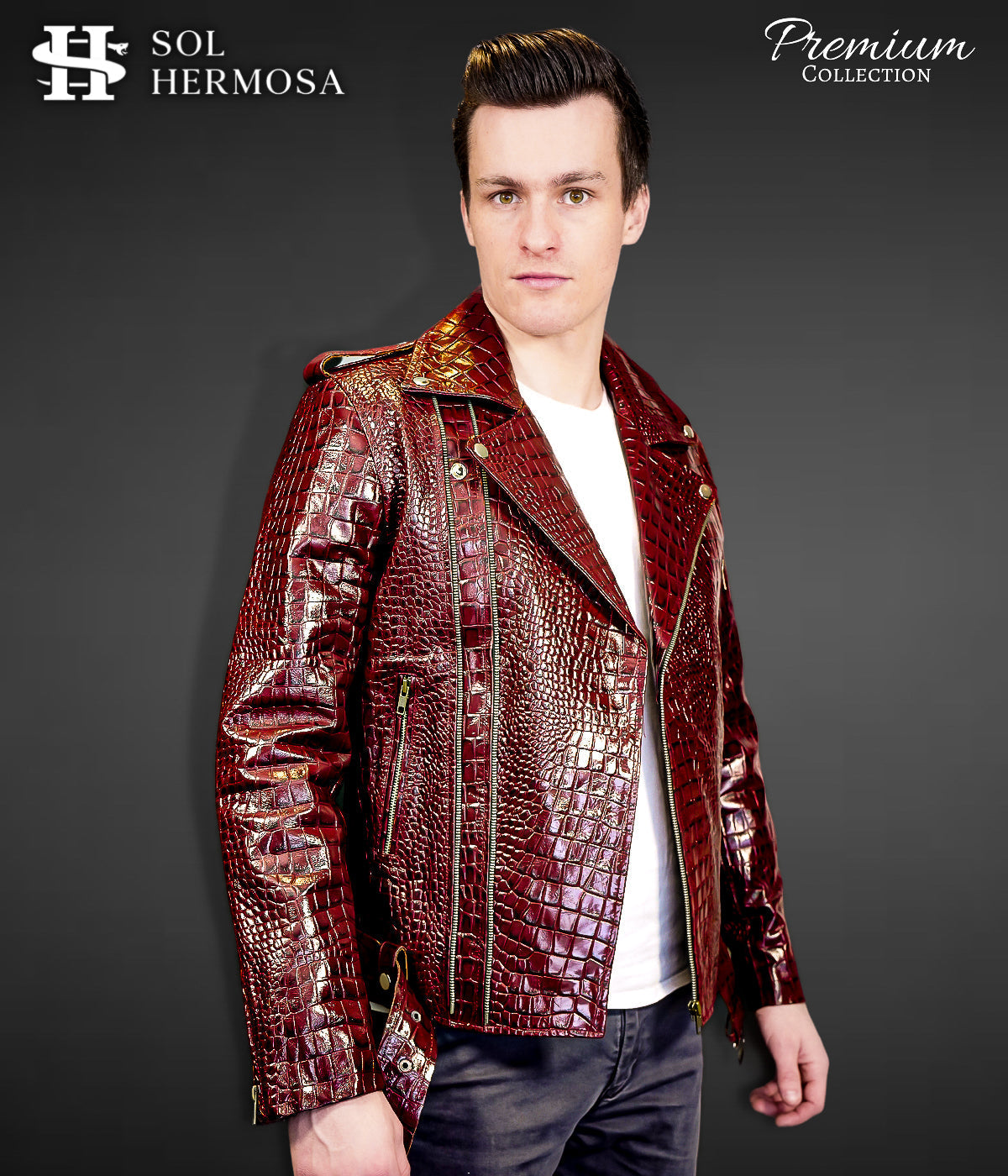 Men s Brown Leather Jacket Luxury Crocodile Snake Embossed Leatherwear Sol Hermosa Inc