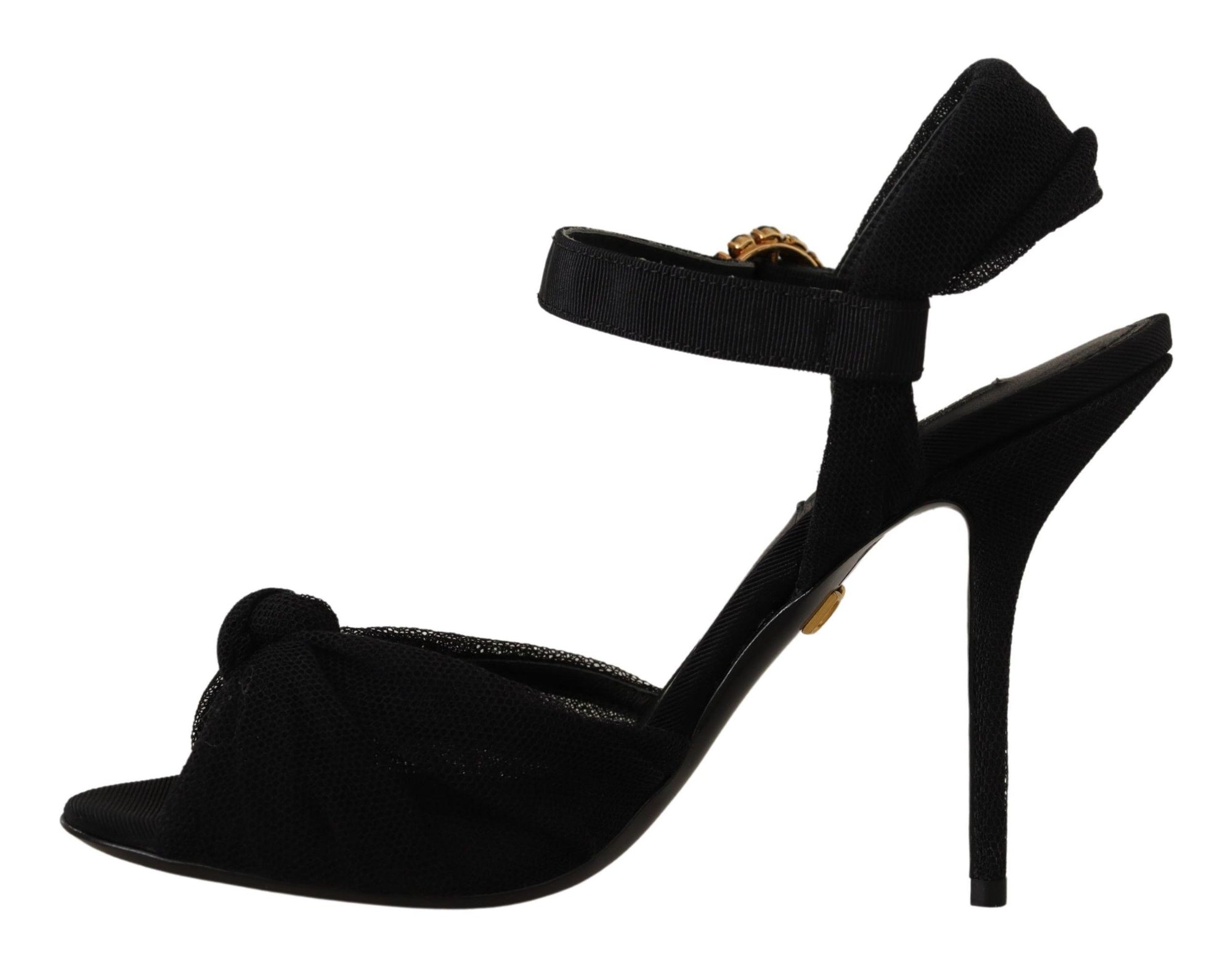 Black Tulle Ankle Strap Heels with Crystal Buckle
